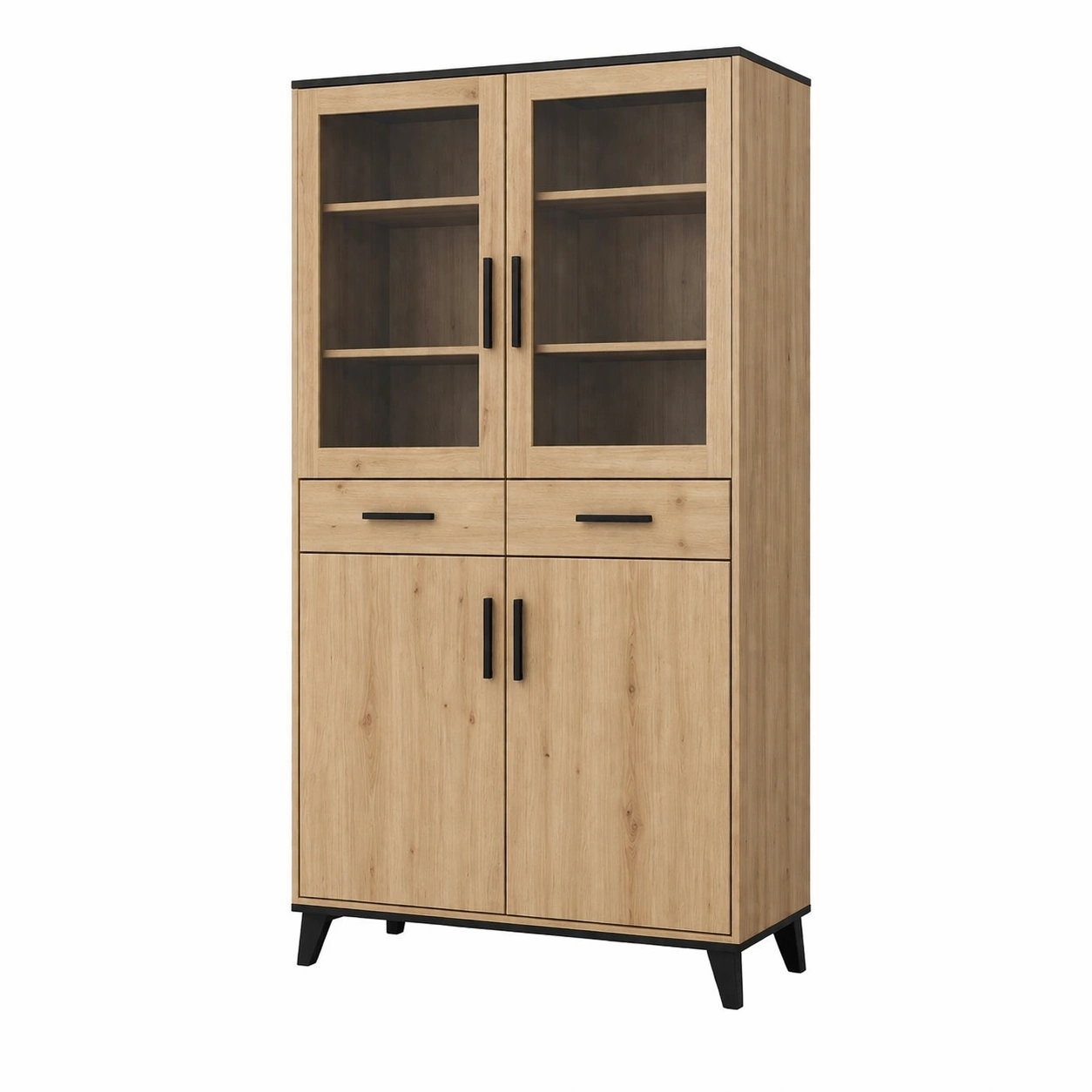 Vitrinenschrank Modern Holzoptik mit schwarzen Details